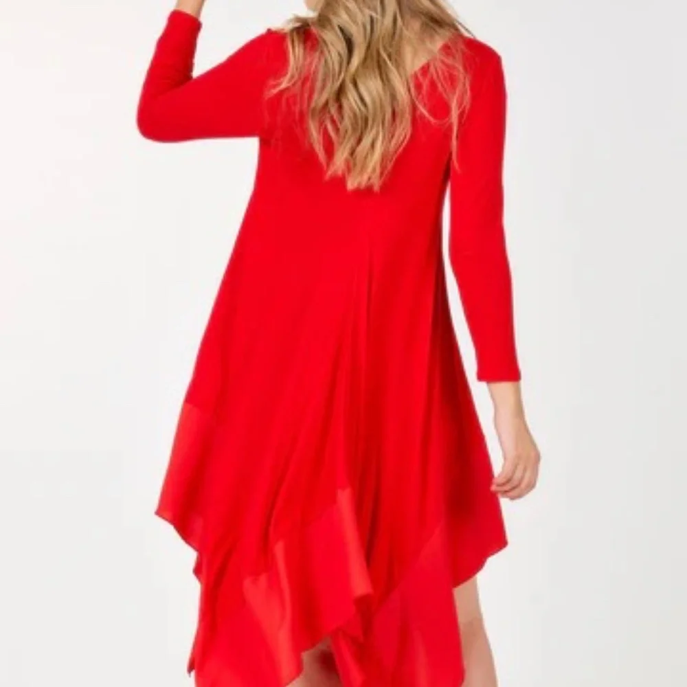Long Sleeve V Neck Tunic Shark Bite Edging Dress Red - Picture 4 of 4